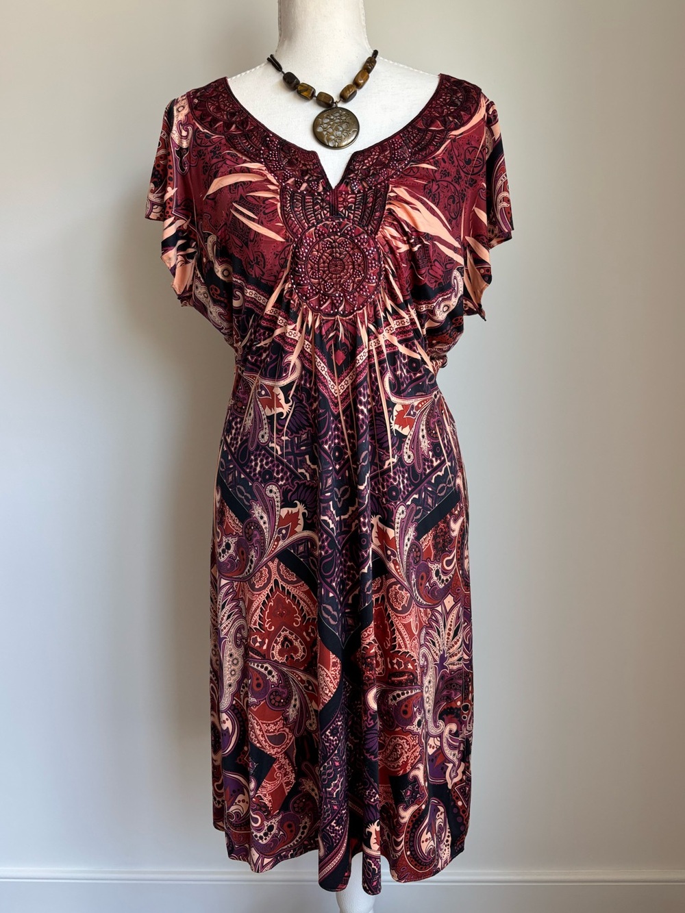 Women's Y2K Bedazzled Bohemian Burgundy & Peach Printed Dress